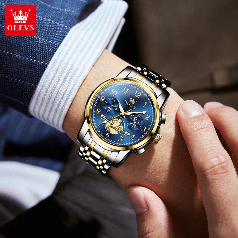 

Мужские часы OLEVS 2900, оригинальные деловые кварцевые часы с маховиком и фазой Луны, водонепроницаемые светящиеся часы для мужчин, подарки Reloj