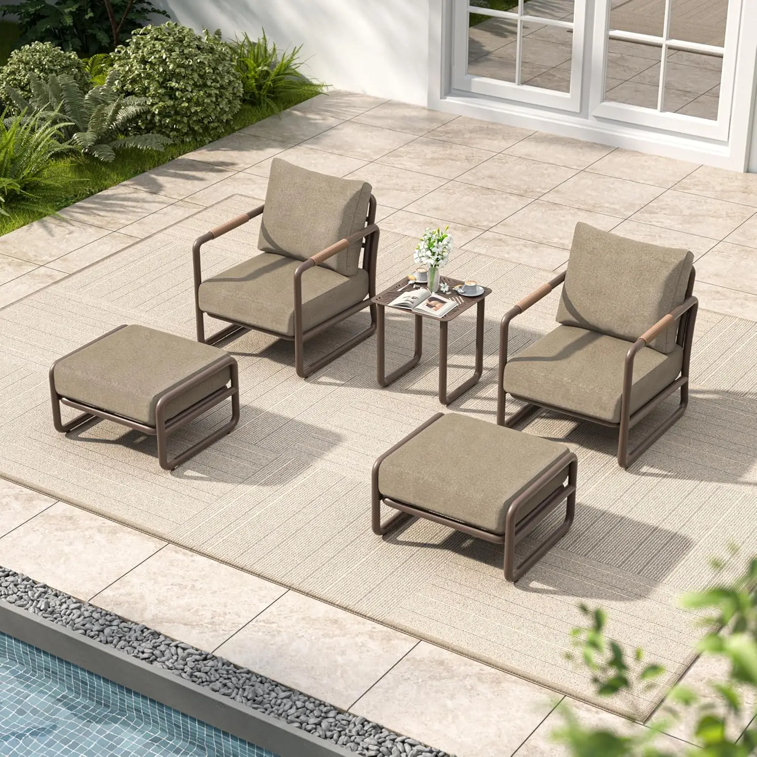 

All-Weather 2-Seat Aluminum Patio Set with Ottomans, Outdoor Conversation Sofa with 6.5" Thick Olefin Cushions,, Customized