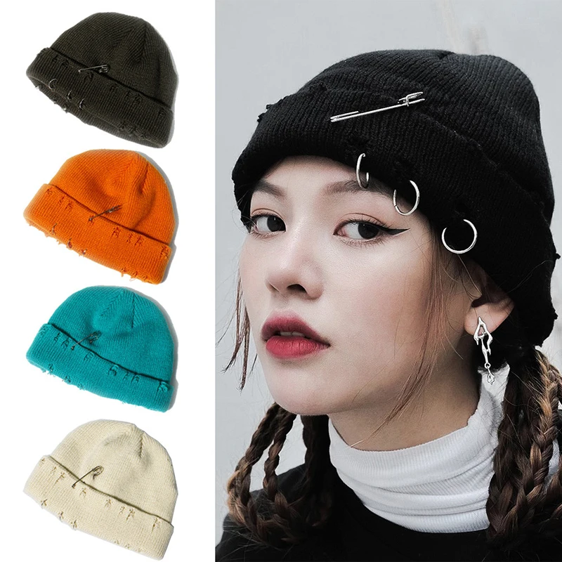 

Outdoor Cycling Hip Hop Stretchable Knitted Hip Hop Hat Ripped Holes Trending Metal Ring Unisex