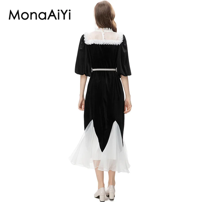 Monaiyi New Fashion Designer abito elegante retrò nero con paillettes a maniche corte con collo alto da donna