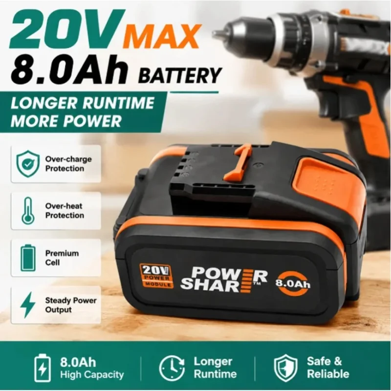 Langlebiger Lithium-Ionen-Akku mit verlängerter Laufzeit für WORX 20V Werkzeuge, 8,0 Ah große Kapazität, austauschbar mit WA3551 & WA3553, kompatibel mit WX-Serien-Werkzeugen.
