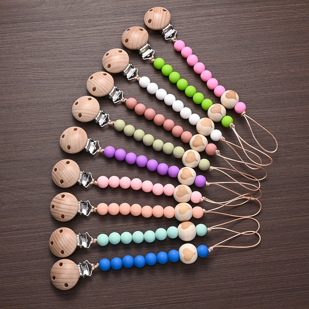 5Pcs New Baby Pacifier Chain Clips Wood Pentagram Teether  Silicone Round Beads Teething Chain For Care Soother Chew Toys Shower