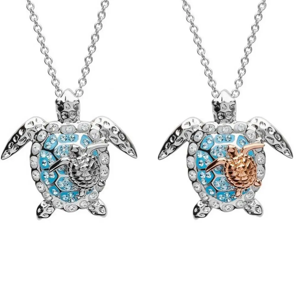 Turtle Animal Pendant Necklace Women Clavicle Chain Rhinestone Turtle Mother Baby Pendant Chain Necklace Jewelry Gift Collares