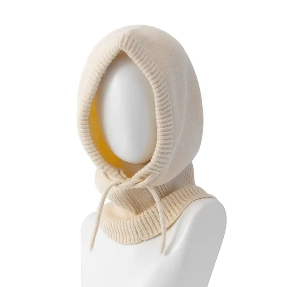 Thick Winter Knitted Hooded Caps Windproof Elastic Balaclava Hat Breathable Drawstring Adjustable One-piece Neck Collar