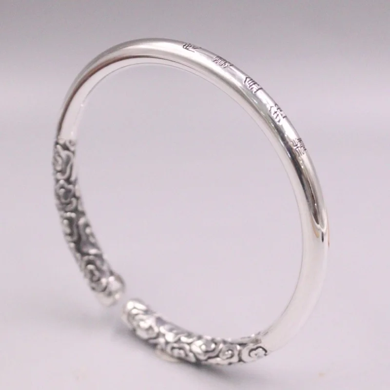 Real Pure 999 Fine Silver Bangle Women Lucky Carved Cloud Cuff Bracelet 60-61g