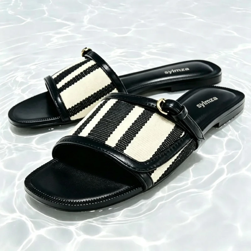 Novelty Printed Strap Metallic Buckle Detail Flat Sandals for Women Fashion Round Toe Designer Shoes Sexy Open-toe Beach Sandals