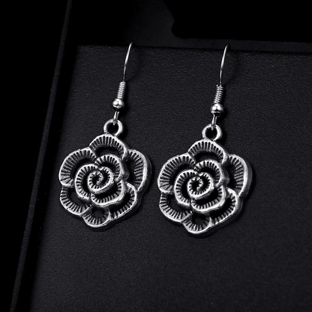 Trendy Vintage Rose Flower Shape Dangle  Antique Silver Plated Earrings for Women and Man Retro Cute Punk Drop Earrings Jewelry