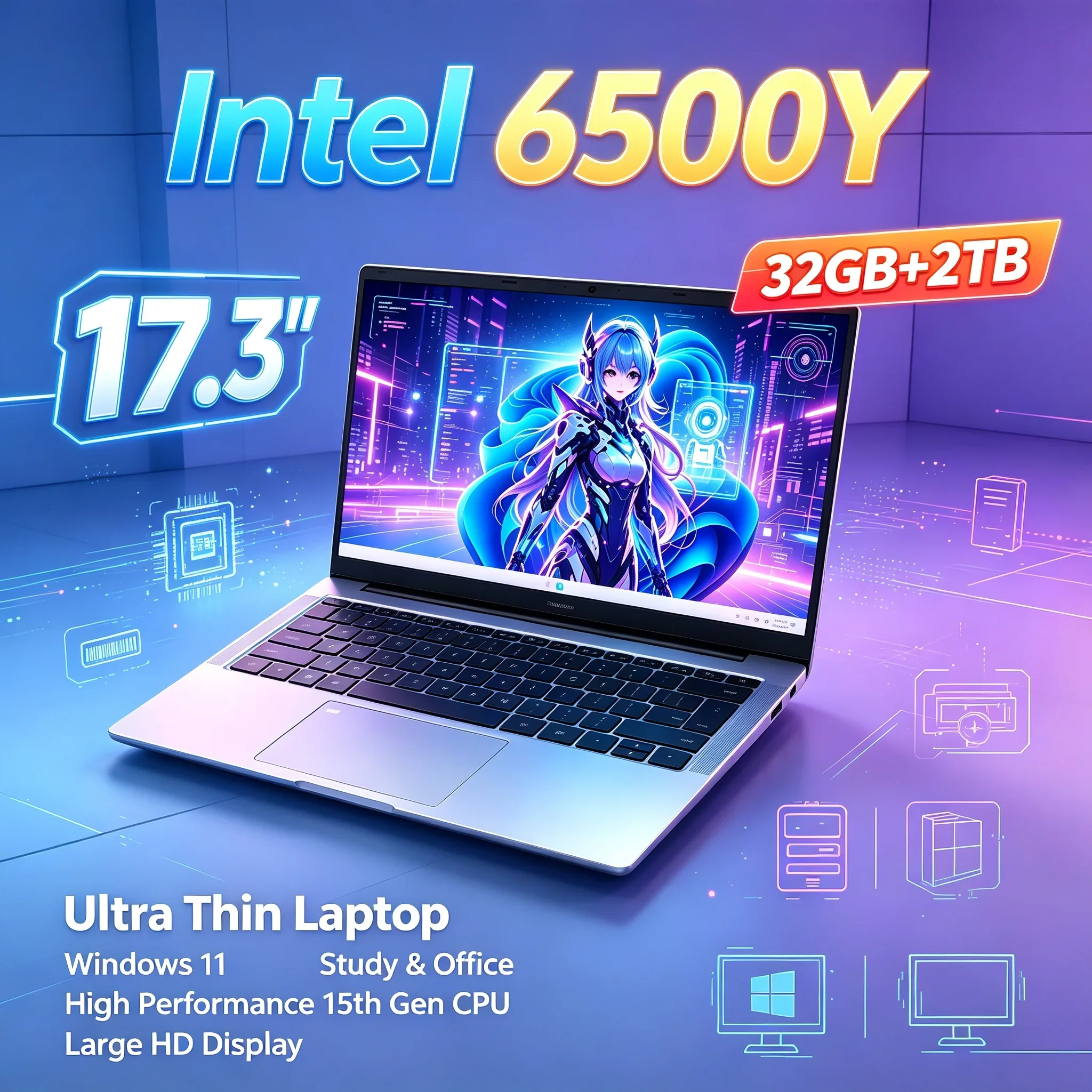 17.3'' Inch Large HD Screen Portable Notebook PC Intel 6500Y 32GB RAM 1TB 2TB SSD Windows11 WiFi 6 BT5.2 Laptop For Home Office
