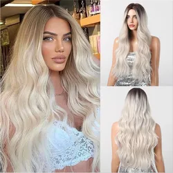 ALAN EATON Platinum Blonde Long Wavy Wig Ombre Synthetic Wig for Women Middle Part Soft Fake Hair Natural Looking Blonde Wig