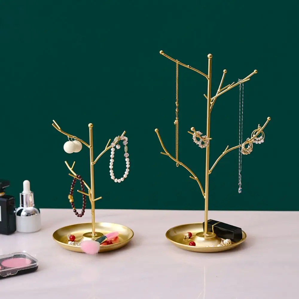 

New Metal Jewelry Display Stand with Tray Tree Necklace Earring Organizer Holder Decoration Bracelet Rings Storage Rack Desktop