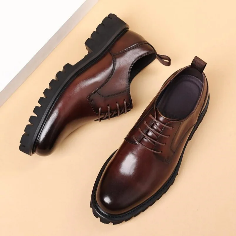 British Style Genuine Leather Oxford Shoes Trendy Formal Business Young Commuter Wedding Groom Thick Sole Height Increasing