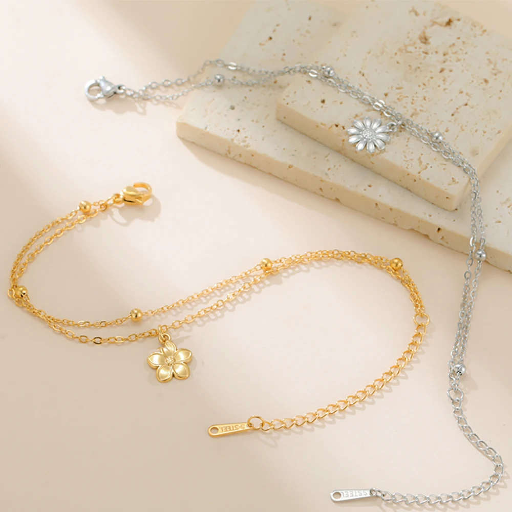 Skyrim Damen Bohemian Blumen-Charm-Armband Edelstahl Goldfarben Doppelschichtige Perlenkette Gänseblümchen Kirschblüten-Schmuck