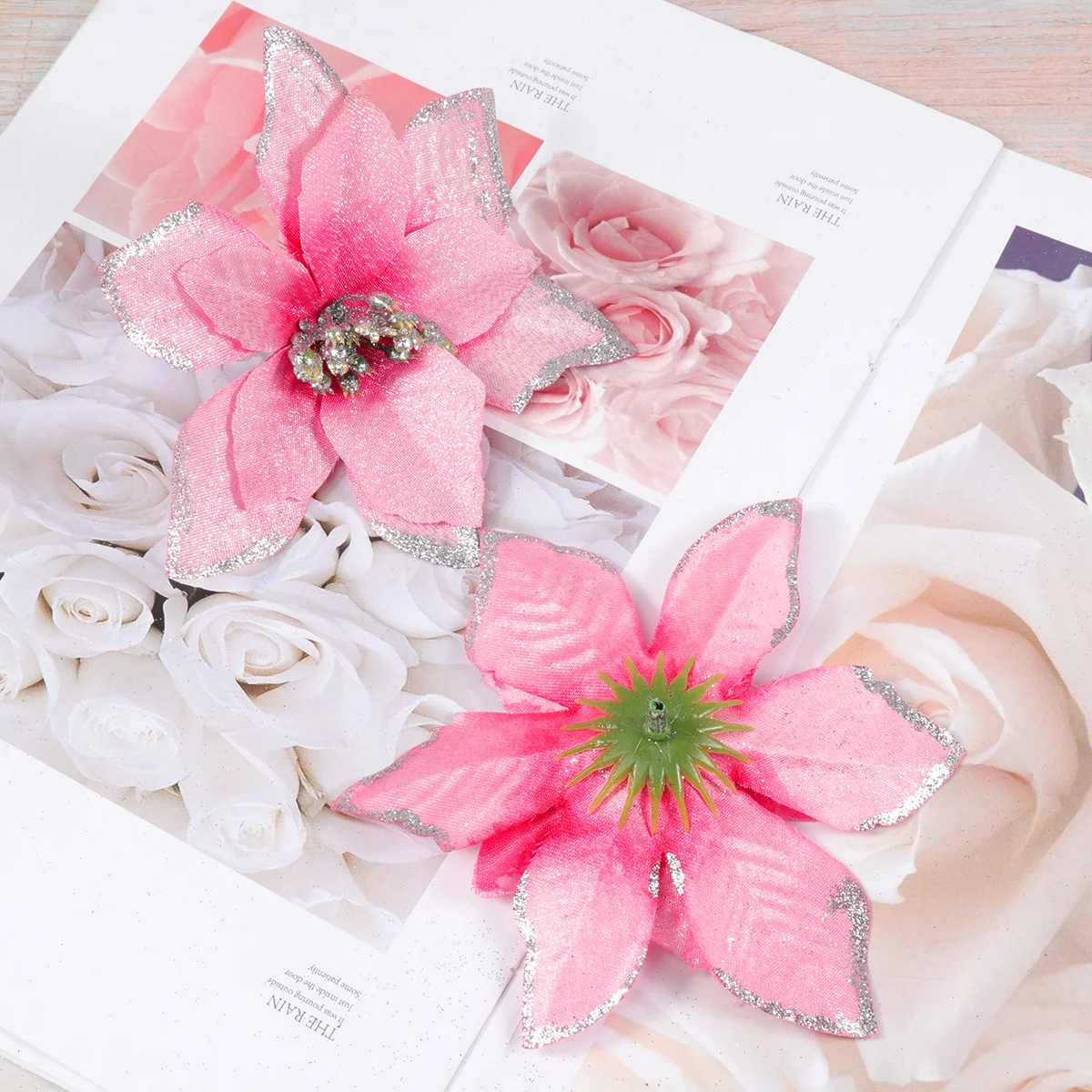 

24Pcs Glitter Fake Flower Christmas Decorations Set for Tree Table Wedding Party Hanging Baubles Pink Elegant Xmas Decor