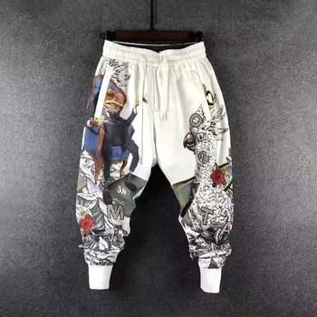 سراويل رجالية فضفاضة مرنة برباط مطبوع عليها جيب ، موضة غير رسمية ، ركاب أنيق ، طبعة كورية ، ربطة عنق قدم بنطلون Haren ، الربيع والخريف