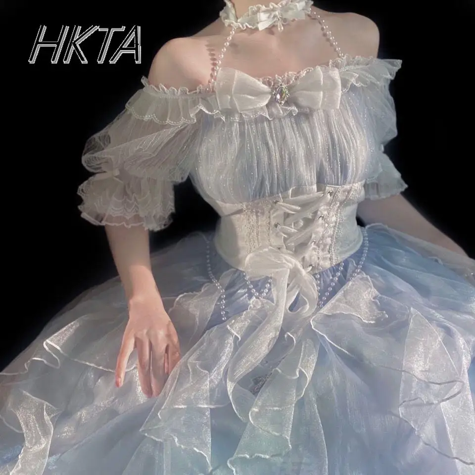 

Lolita Sweet Gentle High Waist Birthday Light Blue Long Dress Women Off Collar Bubble Short Sleeve Bow Princess Puffy Dress Girl