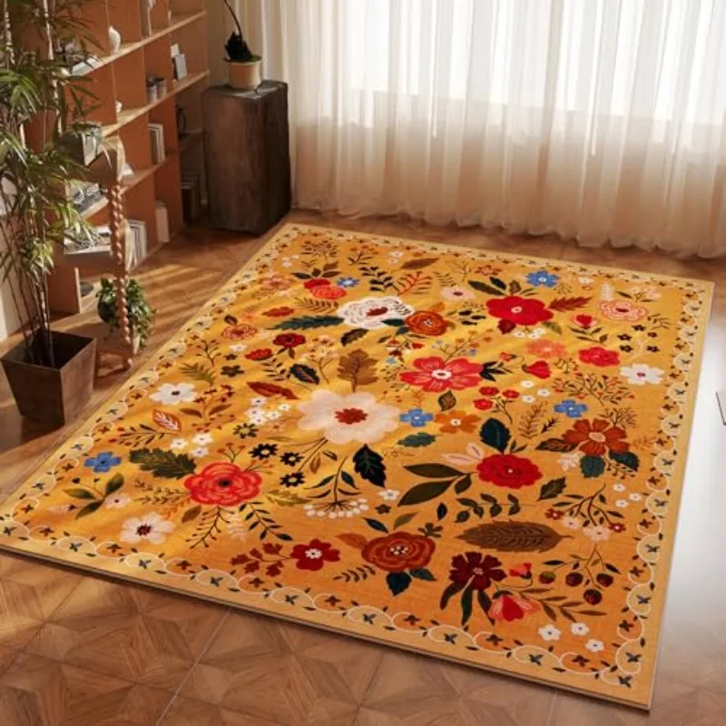 Vintage Bohemian Floral Large Area Rug Retro Folk Art Print Floor Mat for Living Room Bedroom Dining Home Western Christmas