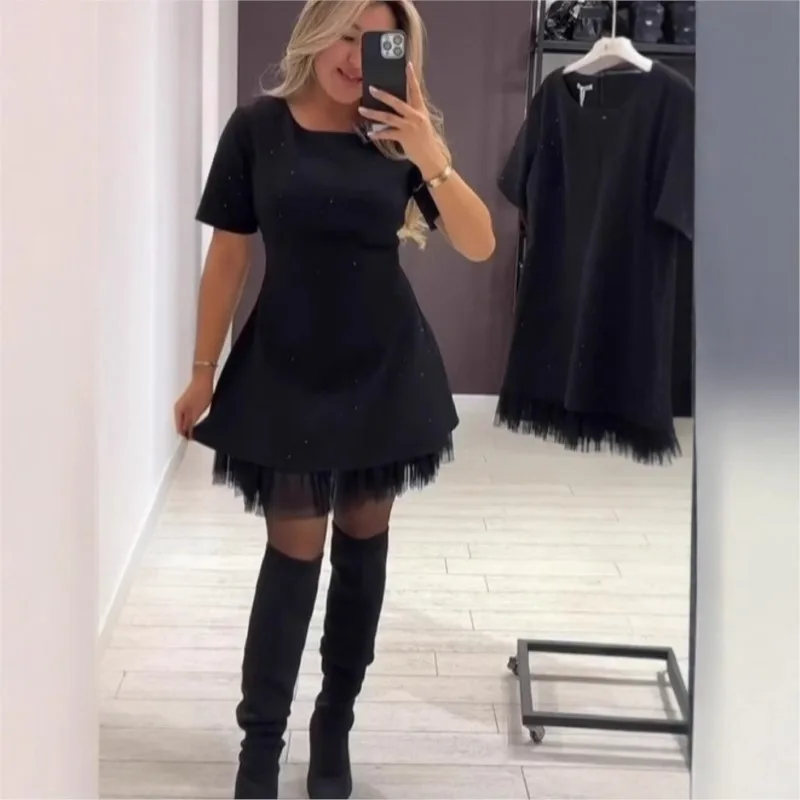 Mini robe élégante en diamant pour femmes, manches courtes, col rond, fil de maille épissé, jupe trapèze en dentelle, robes de soirée de vacances