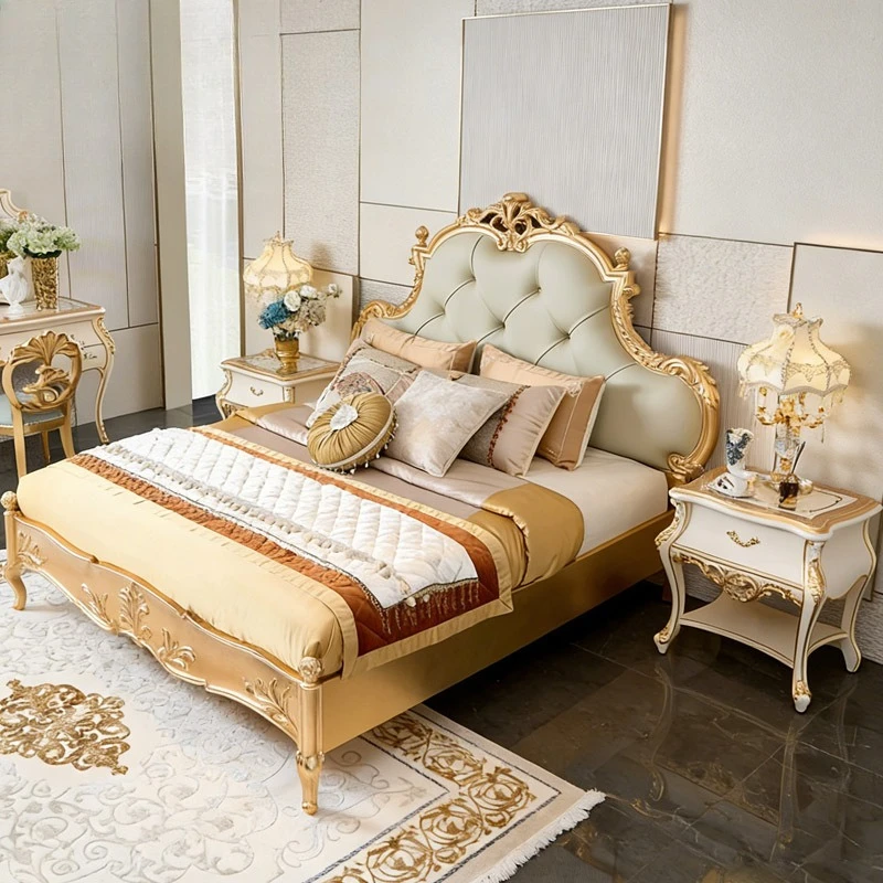 Gold foil European solid wood carving flower bed master bedroom French leather double 1 meter 8 bed