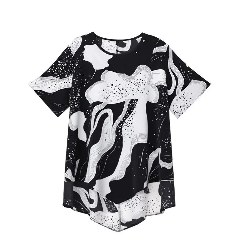 Female Casual Korean Printed Irregular T-shirt Loose All-match Commute Half Sleeve O-Neck Long Tops Summer Women\'s Clothing