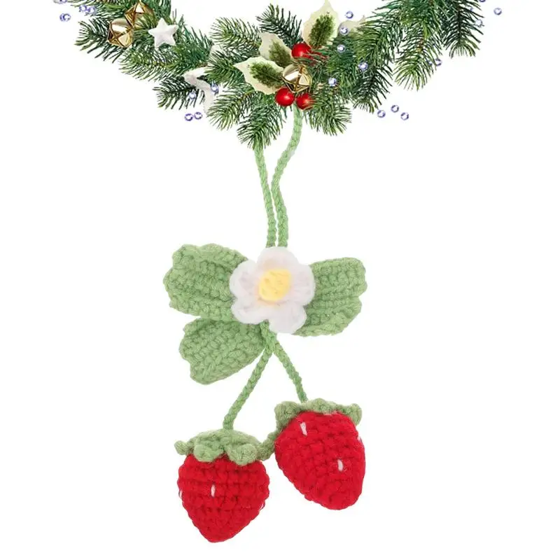 

Strawberry Car Mirror Decor Cute Handmade Knitted Strawberry Car Pendant Fruit Hanger For Rear View Mirror Accessories Car Gifts