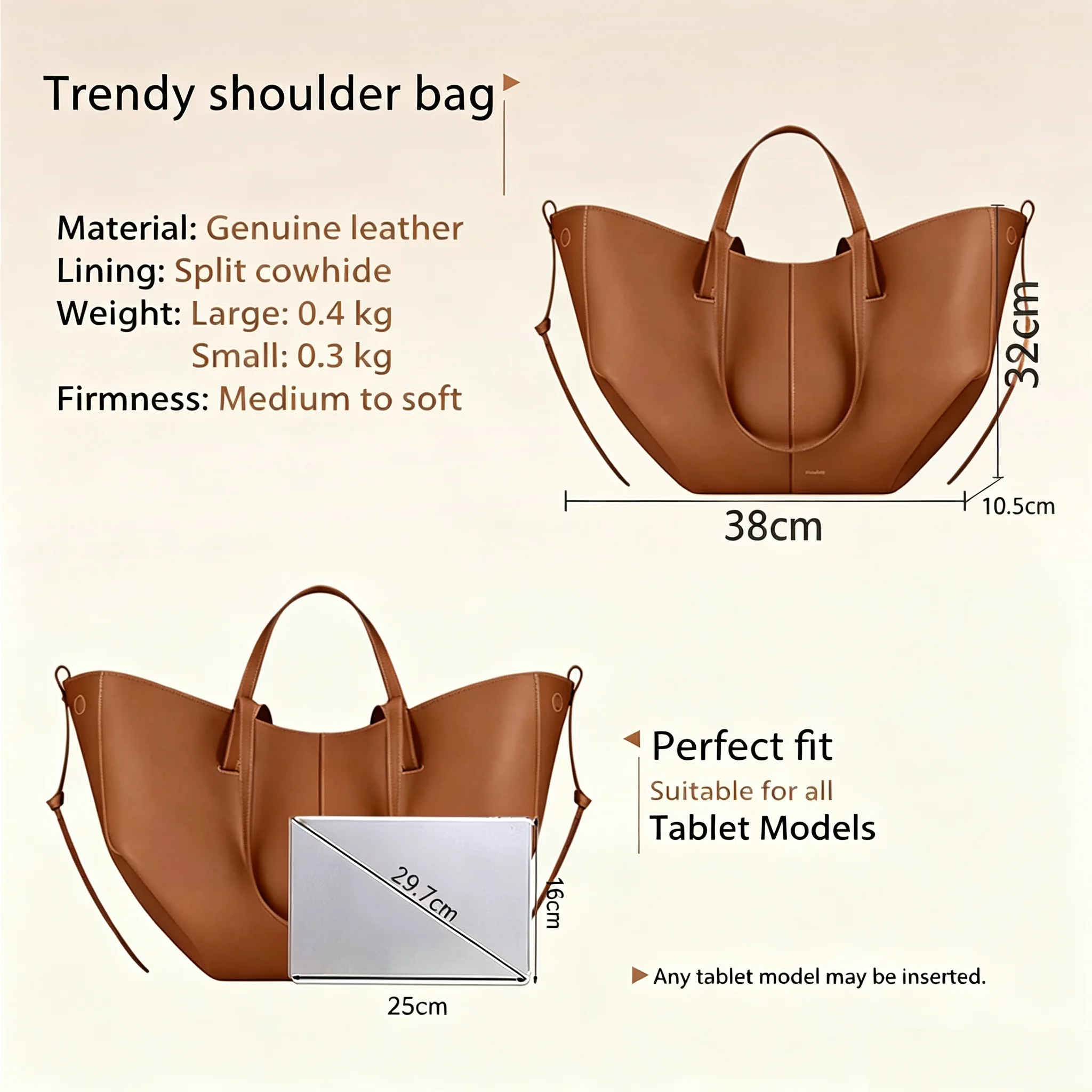 2026 Ladies Simple Tote Bag Genuine Leather Large Capacity Shoulder Handbag Detachable Inner Pouch Daily Commute Women Bag