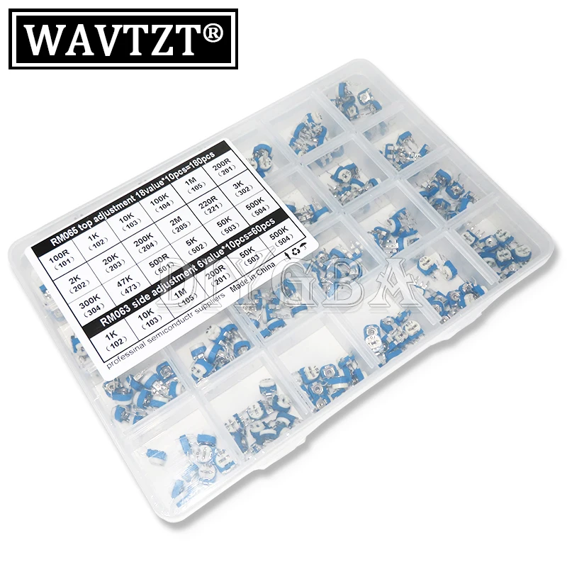 

24Values RM065 240PCS/Set 100R - 2M RM063 Carbon Film Horizontal Trimpot Potentiometer Assortment Kit Variable Resistor Original