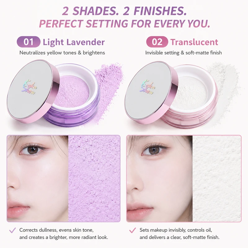KAKASHOW Loose Setting Powder 2 Shades Translucent Lavender Oil Control Blur Pores Brighten Dull Skin Ultra Fine Lightweight Lon