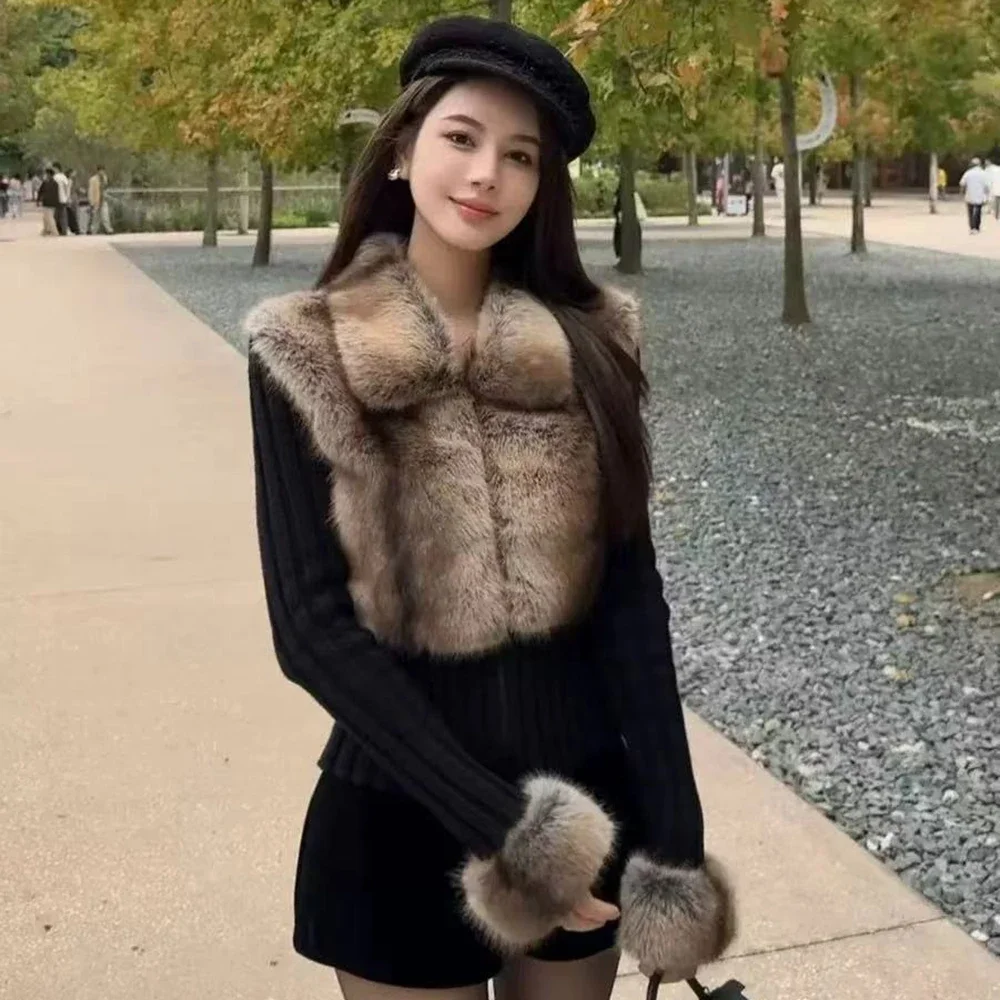 2025Fall Winter New  Women's Spliced Fake Fox Plush Knitted Cardigan Fashion V-neck Full Sleeves Zipper Sweater Female