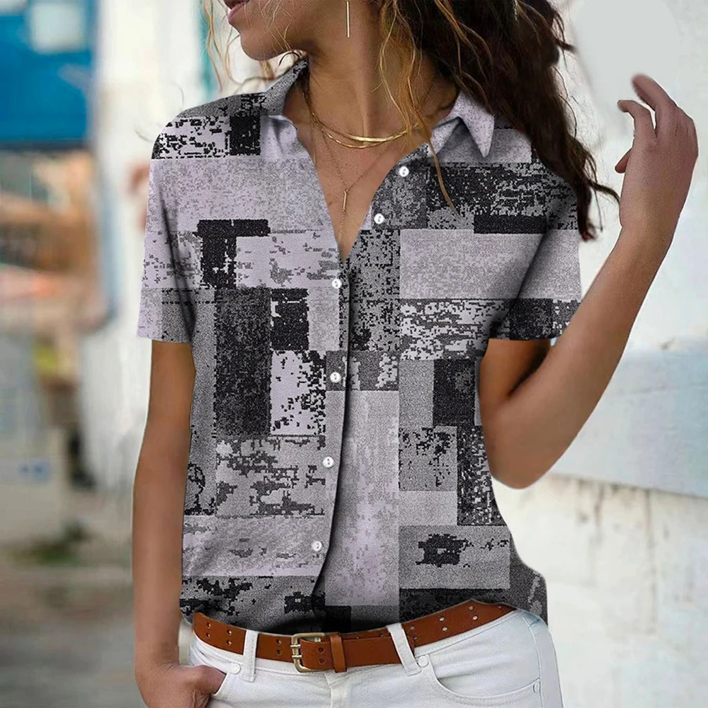 Women\\\'s Shirt Blouses Vintage Geometric Block Print Button Short Sleeve Shirt,Fashion Shirt Collar Fit 2024 Spring & Fall Tops