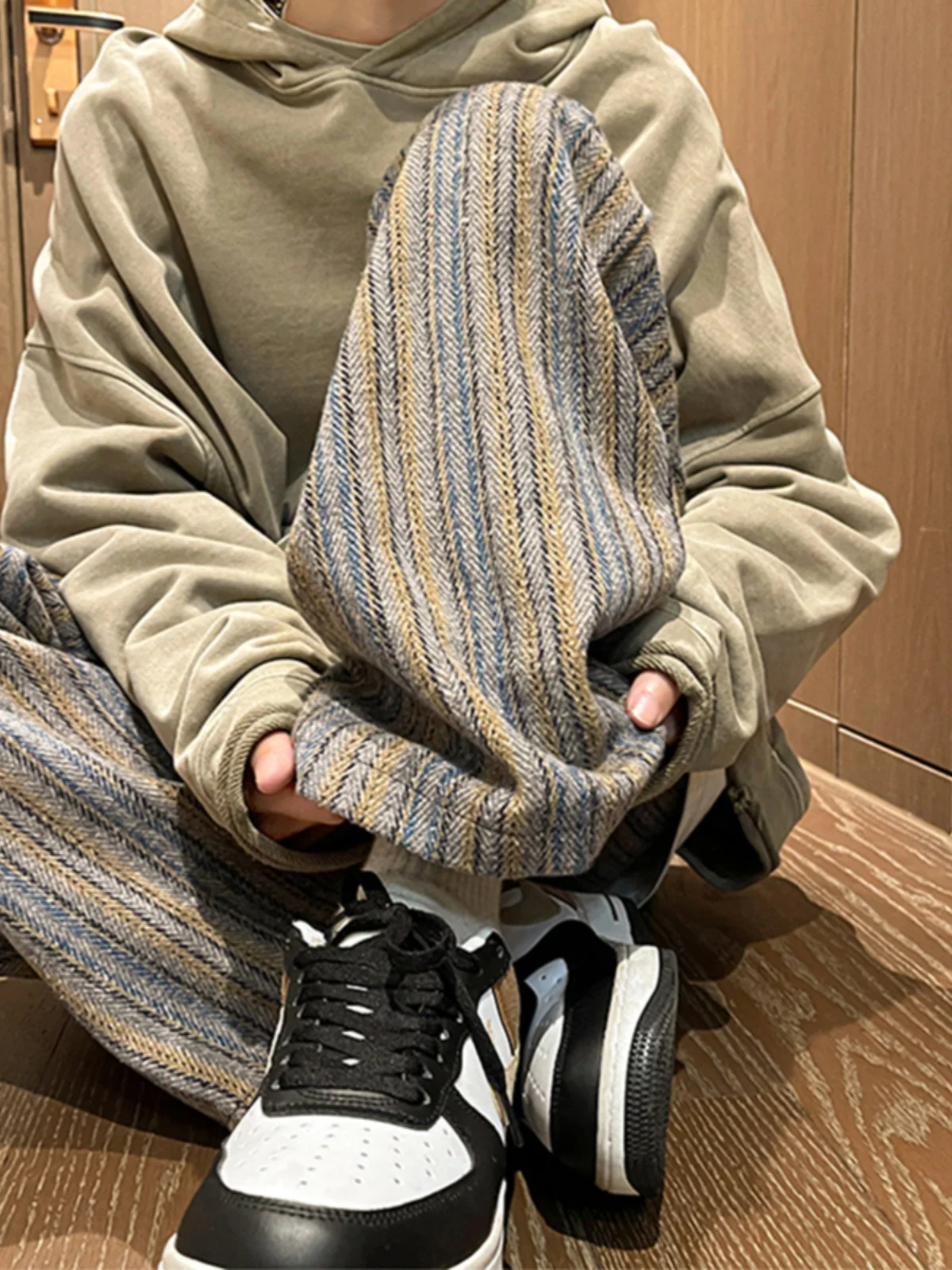 

Мужские твидовые брюки в клетку для весны и осени, плотные, повседневные, длинные, в американском винтажном стиле, прямого кроя