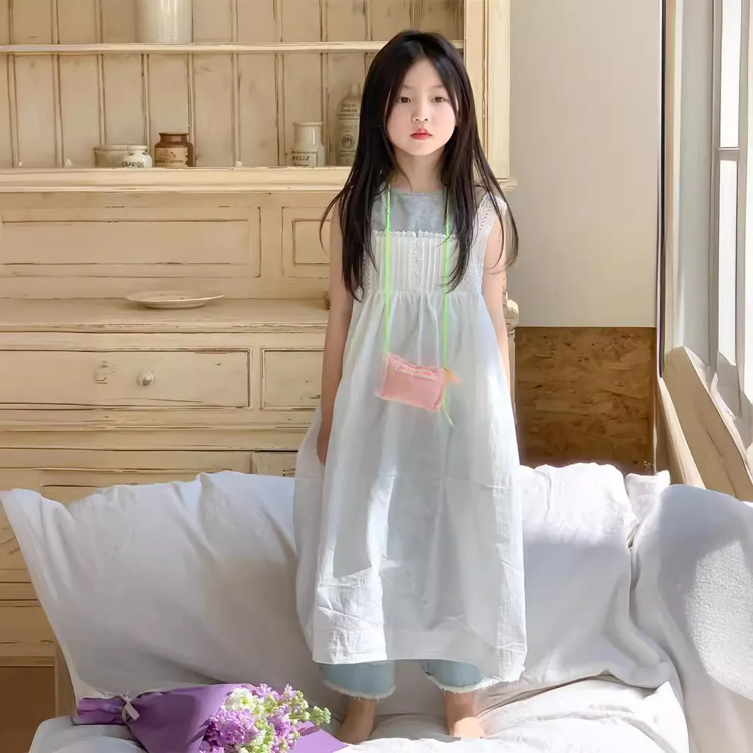 

Girls Two-piece Set 2024 Summer New Girls White Dress Childrens Cotton Base Vest Two-piece Set Casual Simple and Versatile