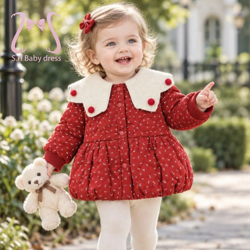 Baby Girl Red Polka Dot Coat Cute Big Knitted Collar Pom Pom Button Warm Cotton Jacket Toddler Infant Winter Chirstmas Outerwear