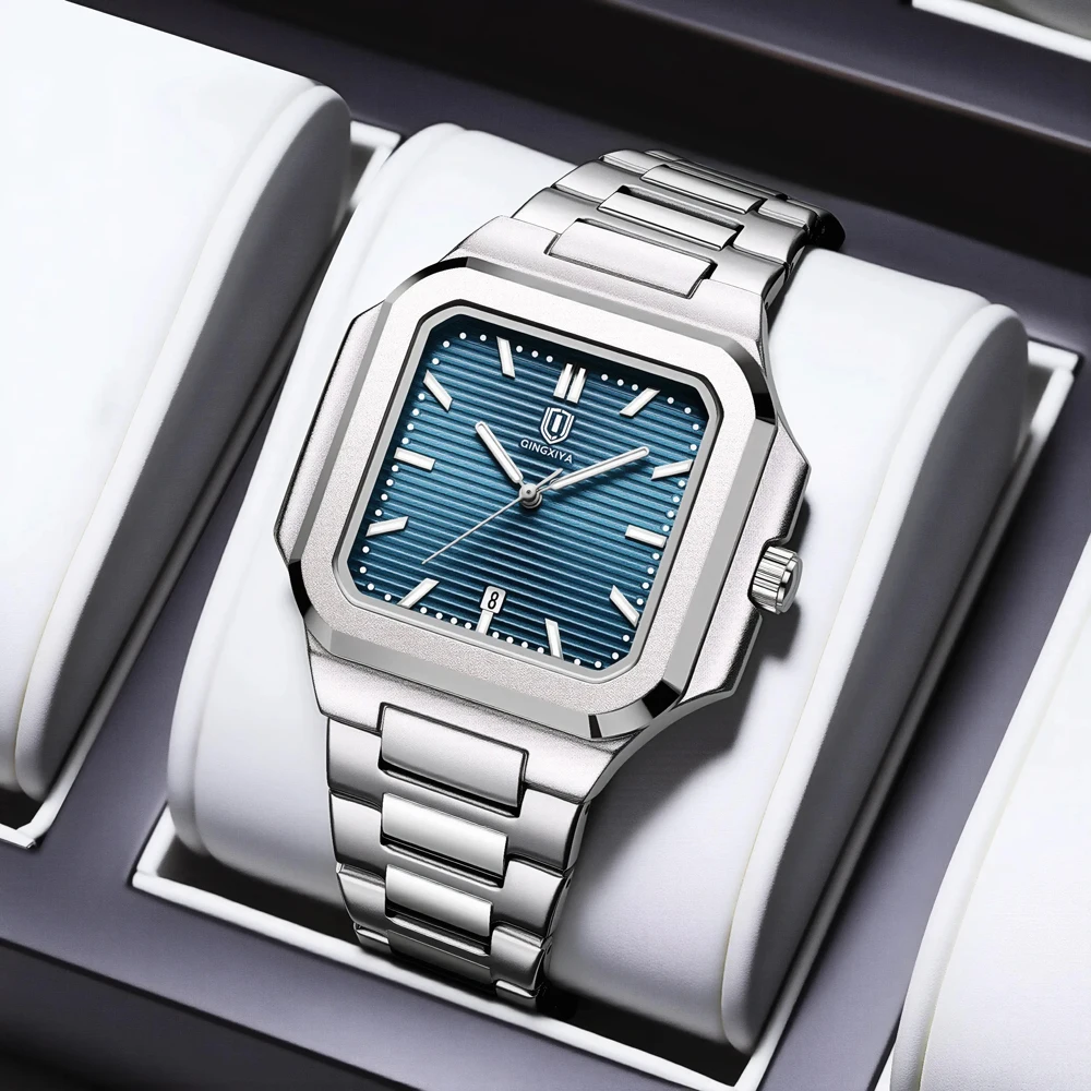 QINGXIYA العلامة التجارية مربع موضة رجل ساعة اليد مقاوم للماء مضيئة تاريخ كوارتز ساعات رجالي الفولاذ المقاوم للصدأ ساعة رجالية فاخرة Reloj