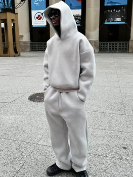 Solid Couple's Hooded Sweatshirt 2 Piece Set Casual Loose Sweatpants Suit Autumn Male Jogging Sweatshirt Trousers Outfits Suits 1