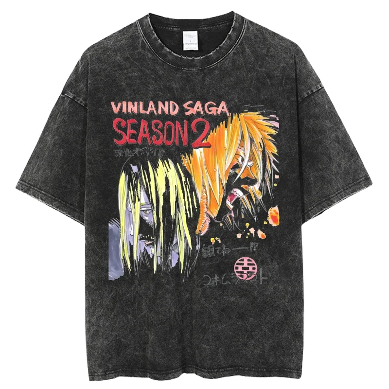 Mens VINLAND SAGA Anime Vintage Washed T Shirt Graphic Print Hip Hop Summer Short Sleeve Harajuku