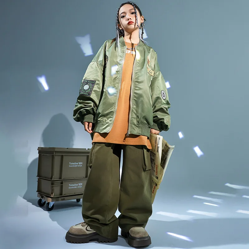 Kid Hip Hop Clothing Army Green Bomber Jacket Windbreaker Top Street Wide Cargo Pants for Girls Boys Jazz Dance Costumes Clothes