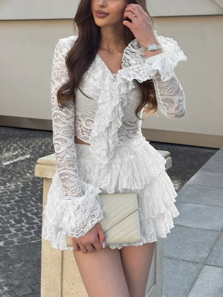

Bangniweigou women autumn lace skirt set Bell full Sleeves Ruffle blouse with cake skirt elegant white outfits