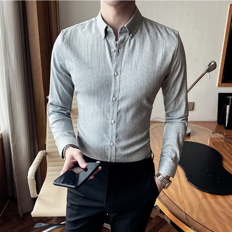 2024 New High Quality Striped Shirts British Style Long Sleeve Slim Casual Shirts Luxury Men Business Social Party Dress Shirt