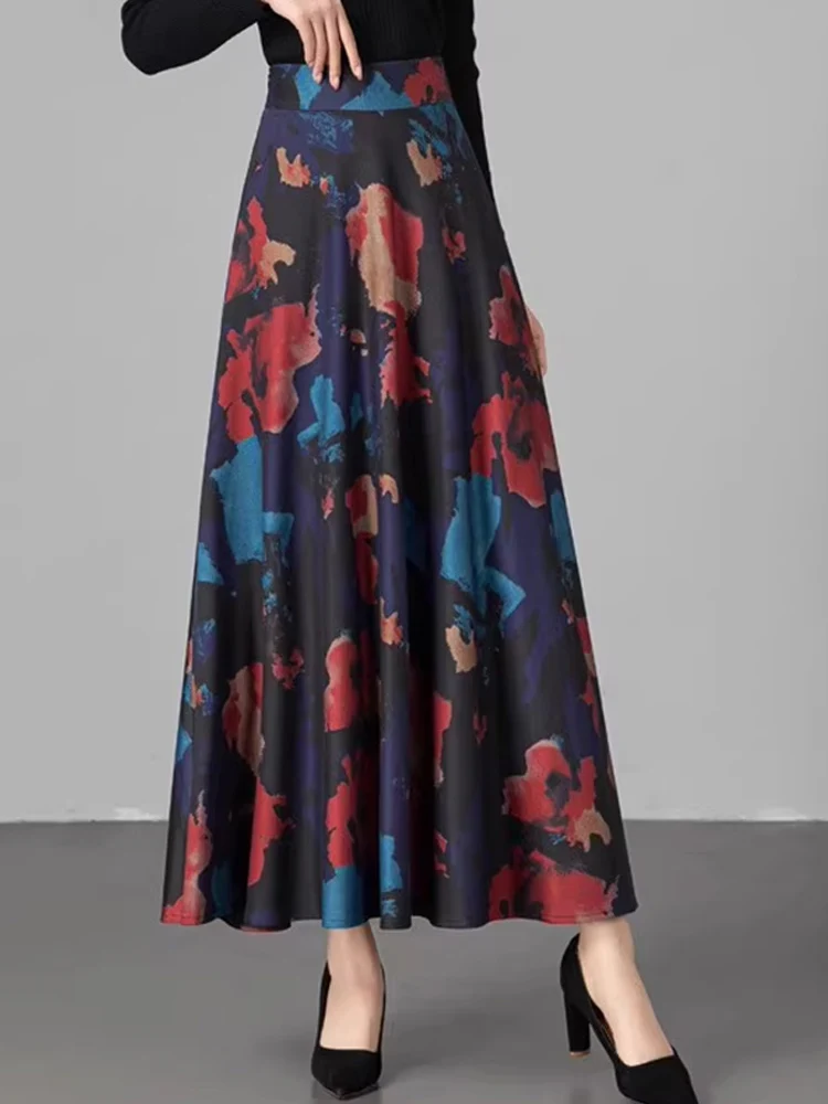2023 Elegant Women's Skirts , Female Flowy Maxi skirt women , women's Red Dot Point Print  Floral Long skirt with pocket