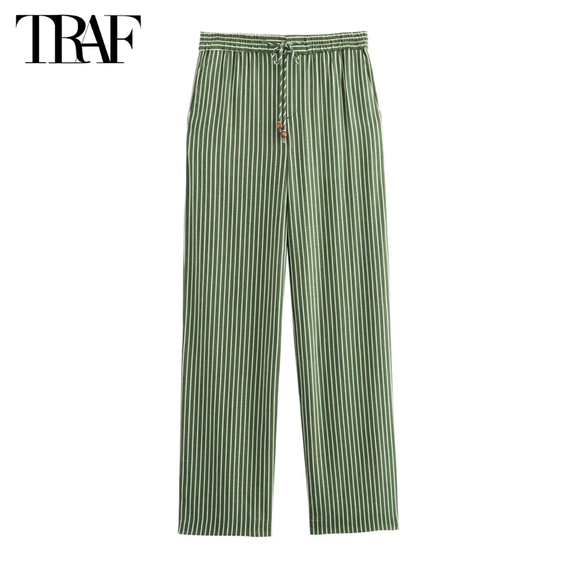 TRAF Green Striped Baggy Pants Woman High Waist Loose Pants Women Pleated Beach Woman Trousers Summer Wide Leg Pants for Women