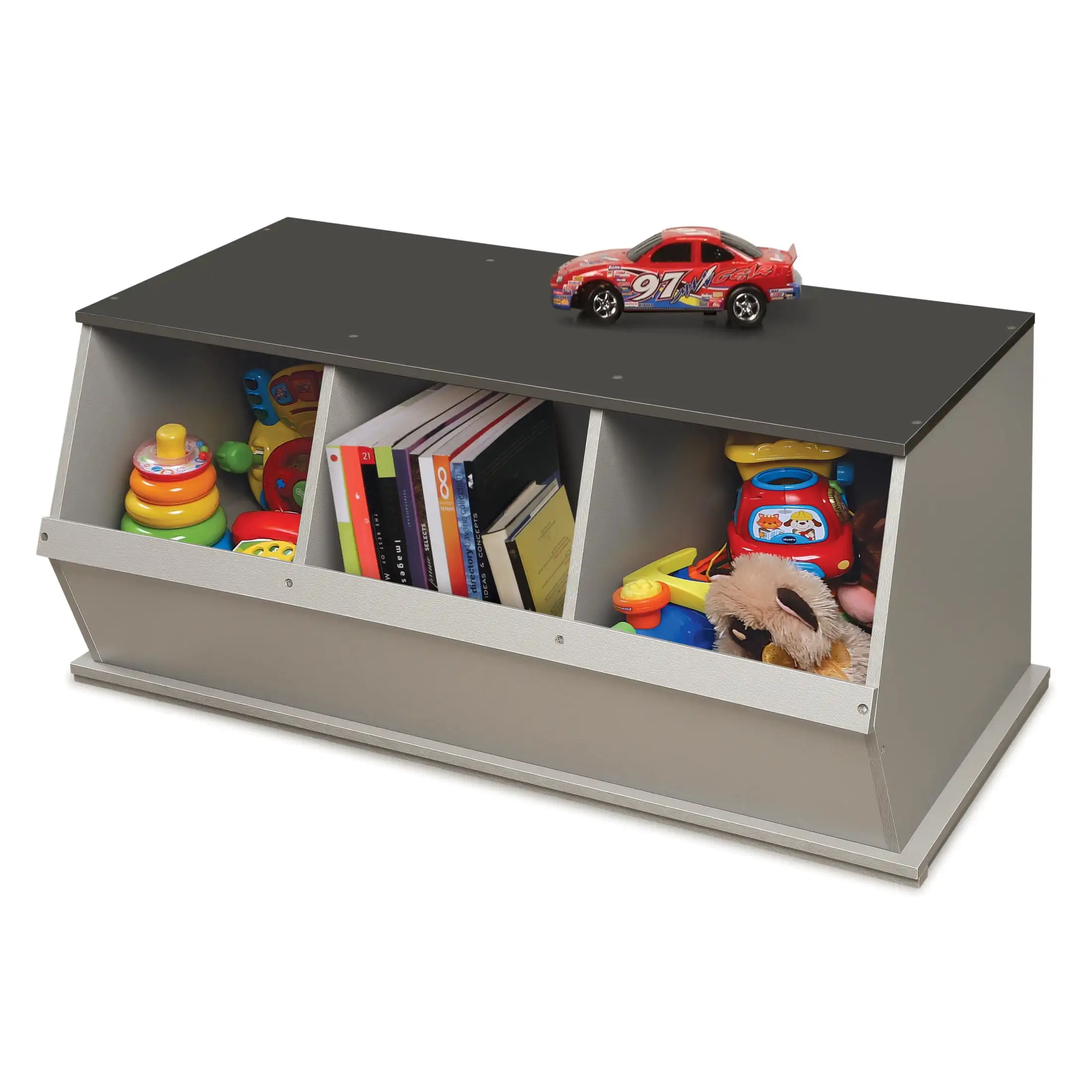 Wooden 3-Bin Storage Cube, Gray Woodgrain, 33 Gal, Stackable Kids Toy Organizer