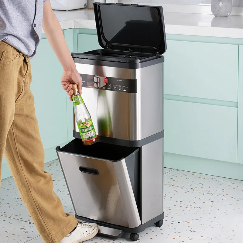Stainless Steel Trash Can with Press Type Lid Double Layer Rolling Wheels Office Kitchen Sorting Waste Basket No Bend Easy Use