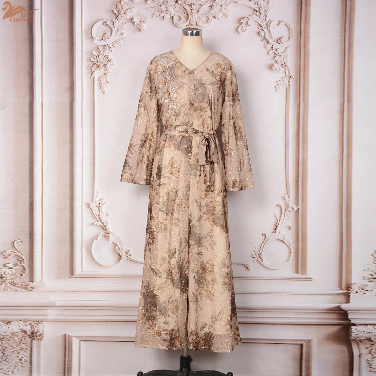 

Zahraa Muslim Fashion Floral Beading Casual Abaya Long Sleeve V-Neck Mesh Sleeve Dress Moroccan Dubai Women Robe
