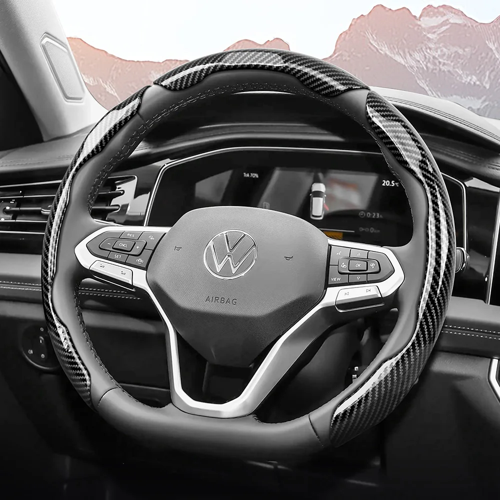 Passend für Volkswagen Sportlenkrad-Abdeckung mit Carbonfaser-Textur, Snap-On-Typ, für Tiguan, Golf, T-Roc, Polo, Passat, Jetta, ID.3, ID.4, Atlas, Teramont, Taos, T-Cross, Taigo, Touran,