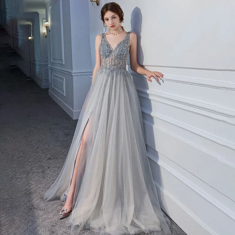 

Women Very Luxury Long Prom Dress Ladies Sexy V-neck High Slit Tulle A-line Dresses Female Beads Sleeveless Evening Party Gown