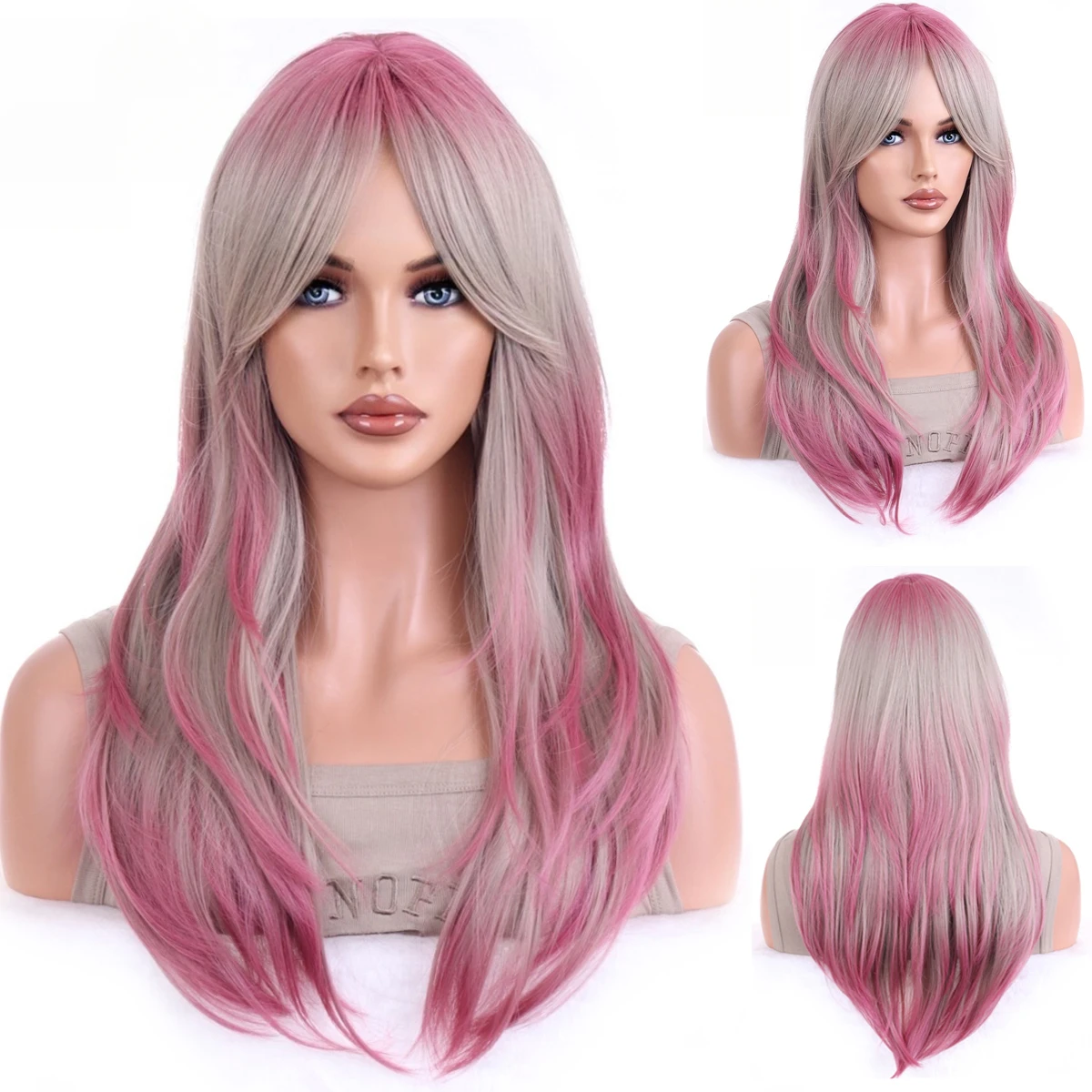 

Pink and Silver Grey mixed wig 26-inch highlight for women Synthetic wigs for festive