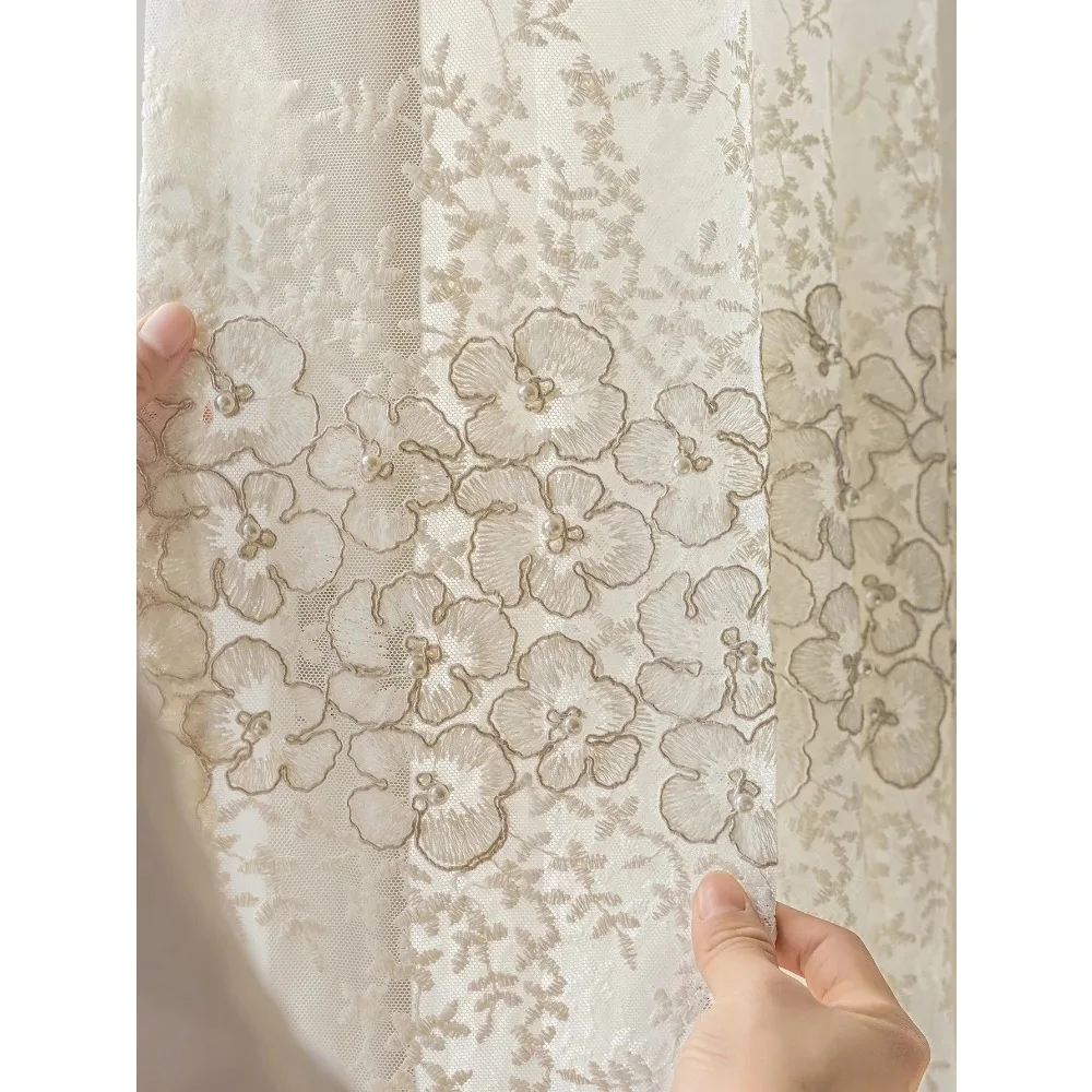 Luxury Faux Pearl Embroidered Sheer Curtains for Living Room Bedroom Translucidus Tulle Custom Home Decor Window Drapes