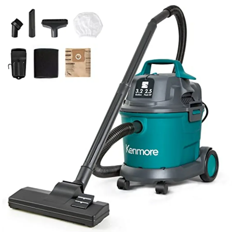 Shop vacuum cleaner for garage car home workshop: 3.2-gallon wet-dry canister, 2.5 peak HP, black plastic housing, compact desi