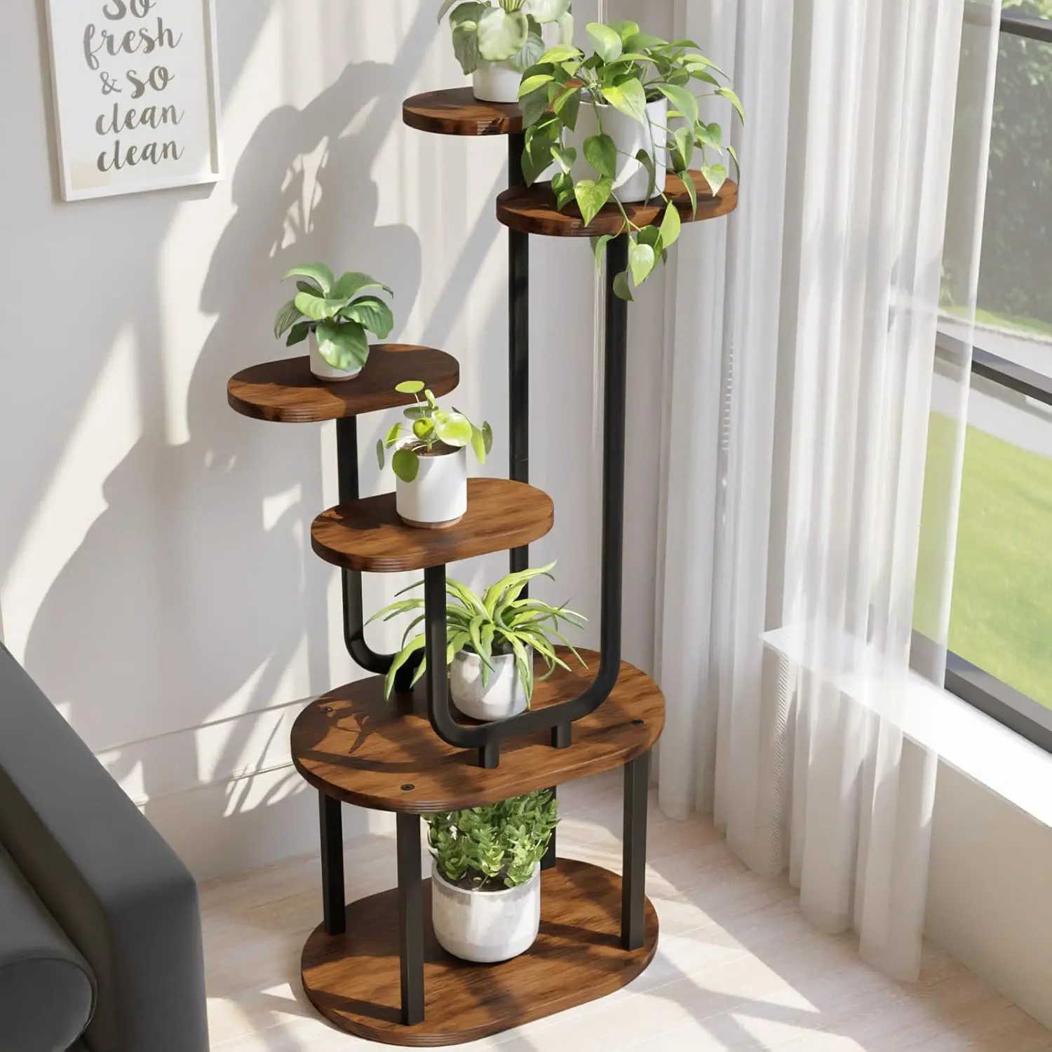 

Indoor support plant stand 6-layer iron-wood combined flower stand Living room variety of plant stand Corner