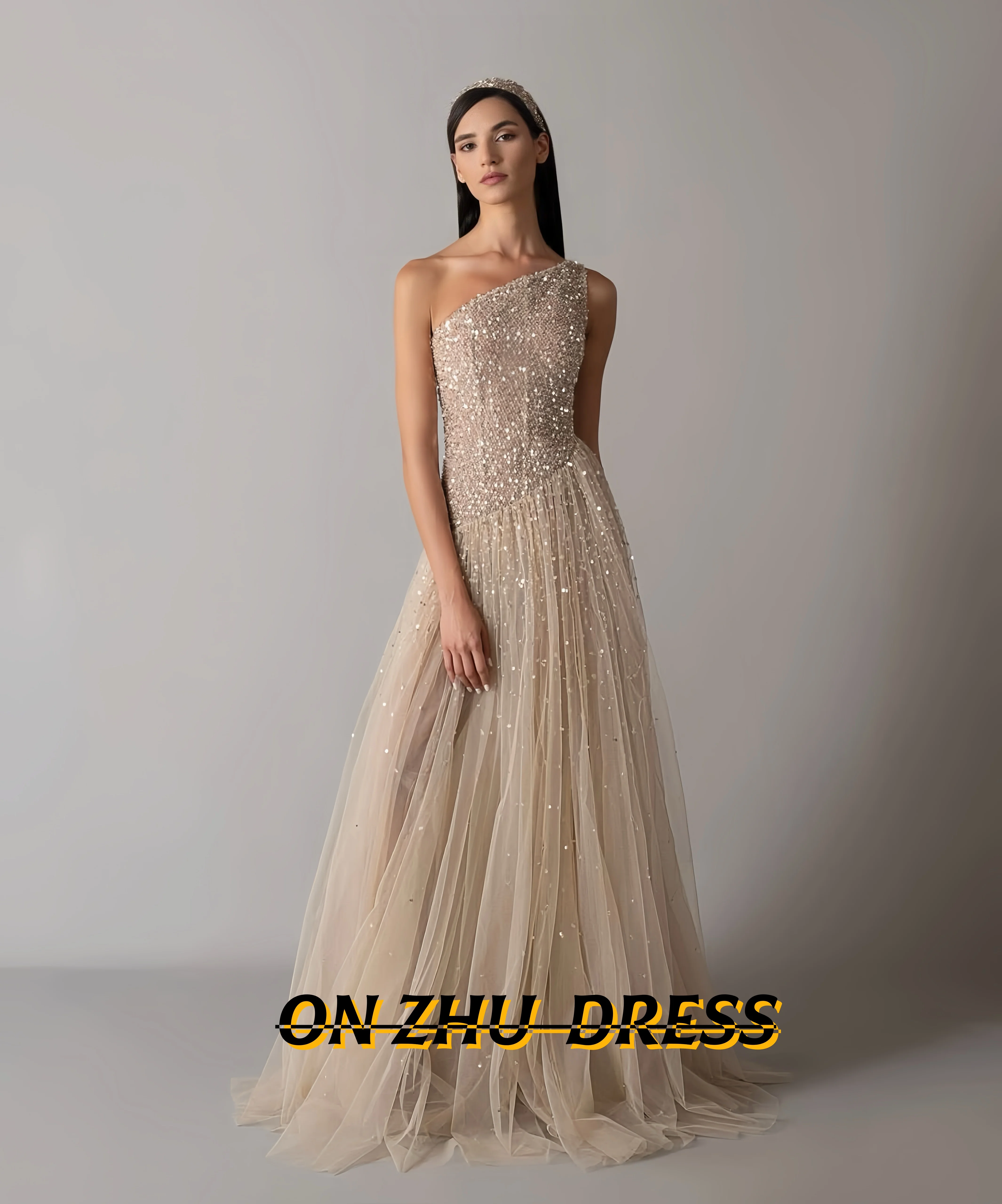 

Customized chiffon dress one-shoulder sleeveless a-line women's evening dresses luxurious evening dresses party dresses